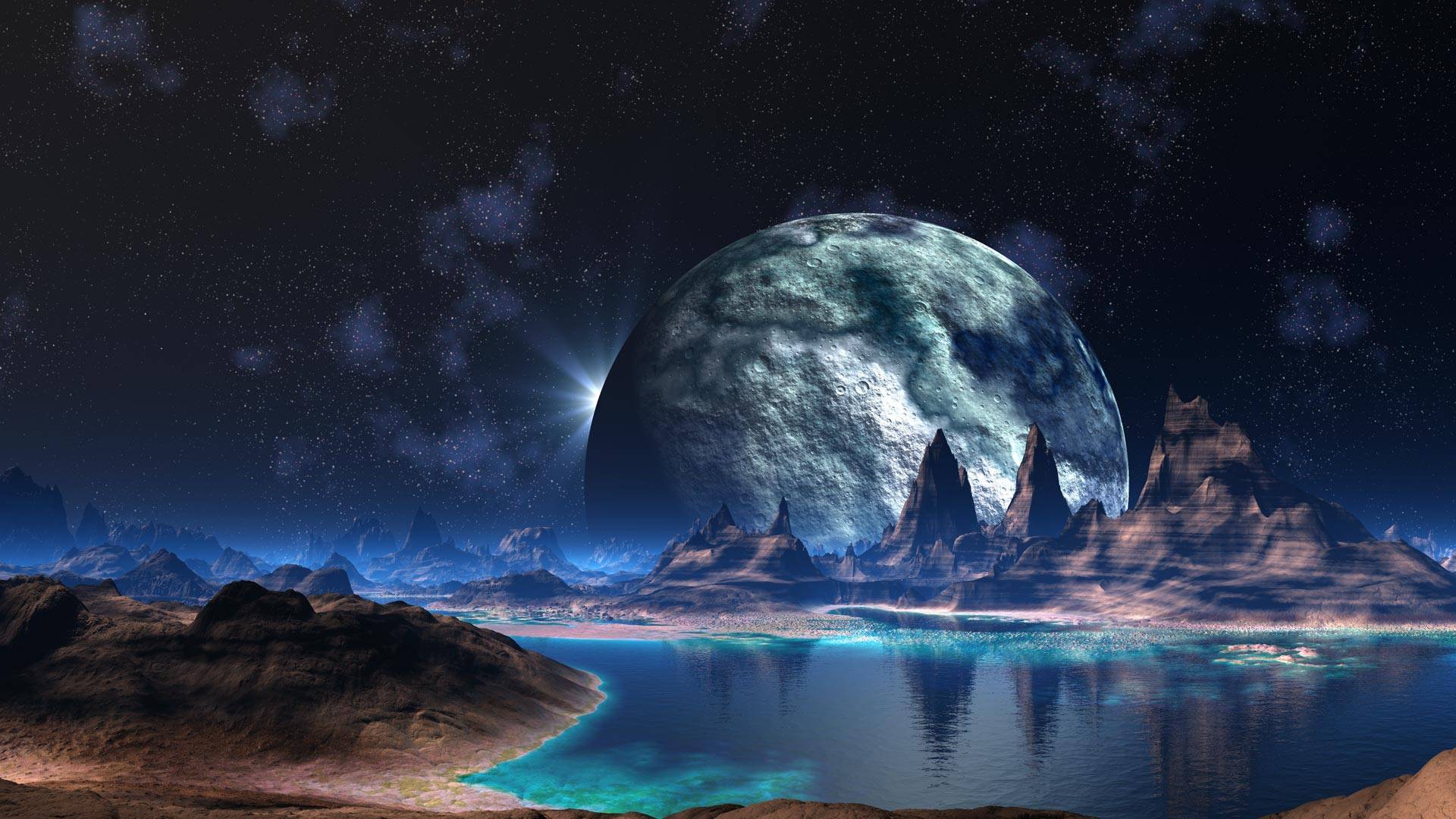 alien landscape planet stars lake sci fi space reflection mountains