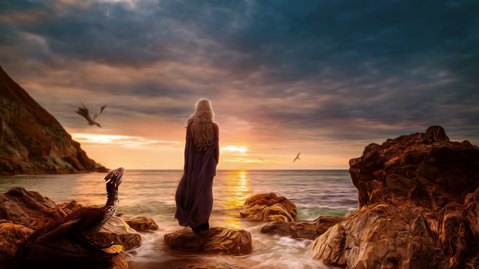 fer : game de thrones woman dragon seashore cloud sunset fond d'écran
